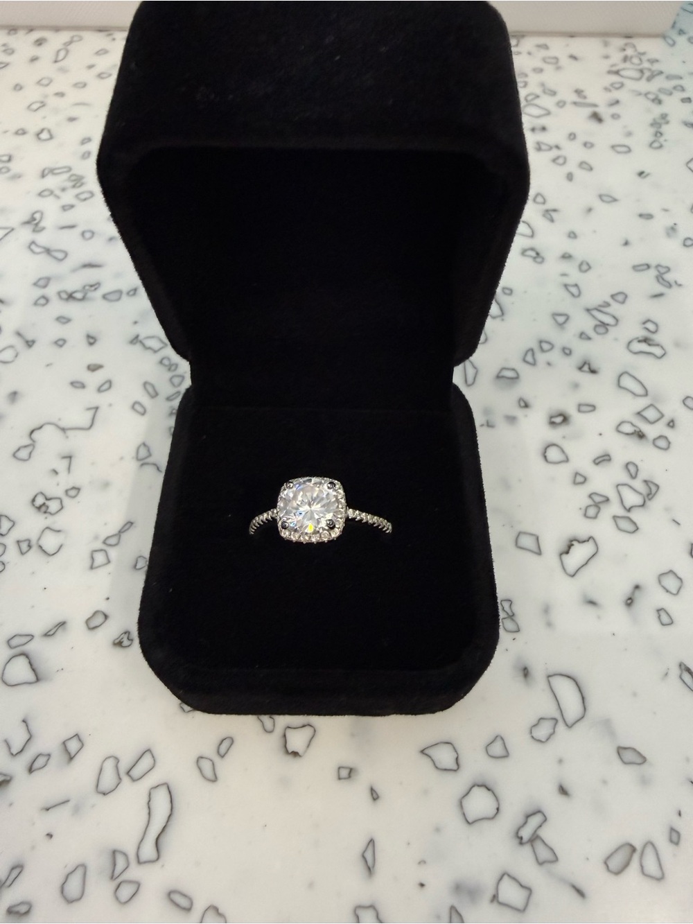 Sterling Silver Cushion-Cut Solitaire Ring with Pavé Band - White